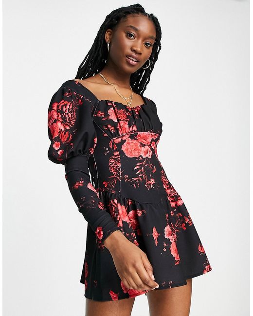 Asos Design long sleeve flippy mini dress with ruched bust in red floral print-
