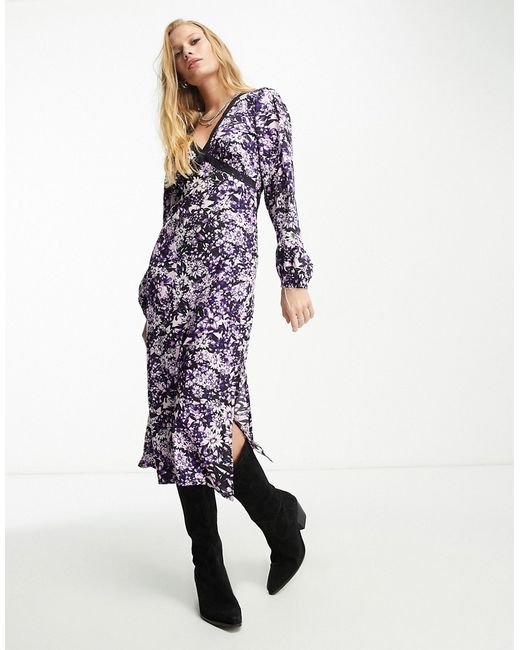 Violet Romance v neck midi dress with lace contrast in floral print-