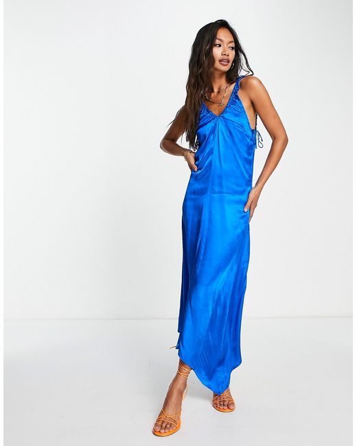 TopShop ruch front keyhole satin midi dress in cobalt