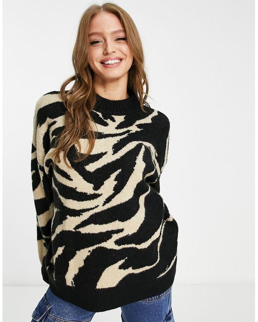 Monki oversized jacquard sweater in beige and black zebra-