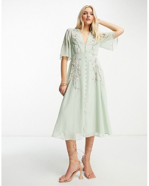 Hope & Ivy embroidered plunge flutter sleeve midi dress in sage-