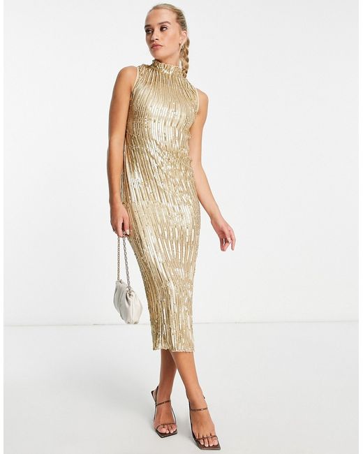 Asos Design high neck embellished midi dress in plisse sequin gold-