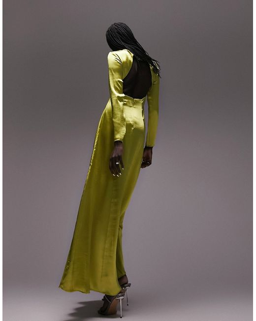 TopShop open back long sleeve satin occasion maxi dress in chartreuse-