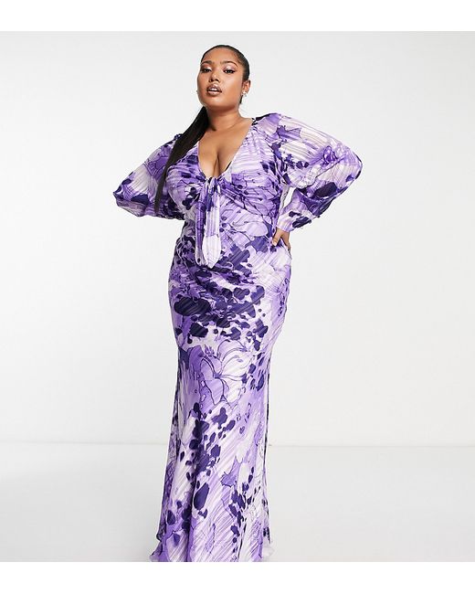 ASOS Curve DESIGN Curve tie front plunge maxi dress with floral print in purple-