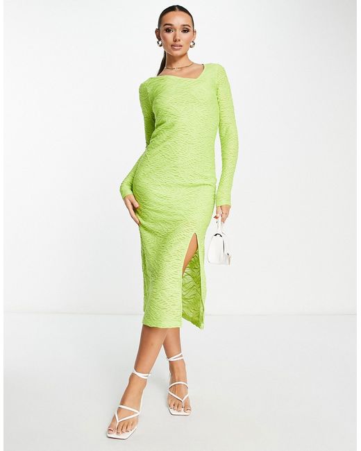 Y.A.S textured body-conscious midi dress in lime-