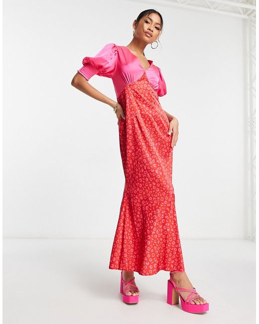 Never Fully Dressed puff sleeve contrast maxi dress in pink and