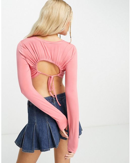 Noisy May open back detail top in coral-
