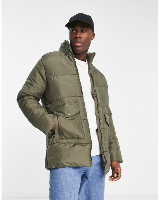 Another Influence utility puffer jacket in khaki-