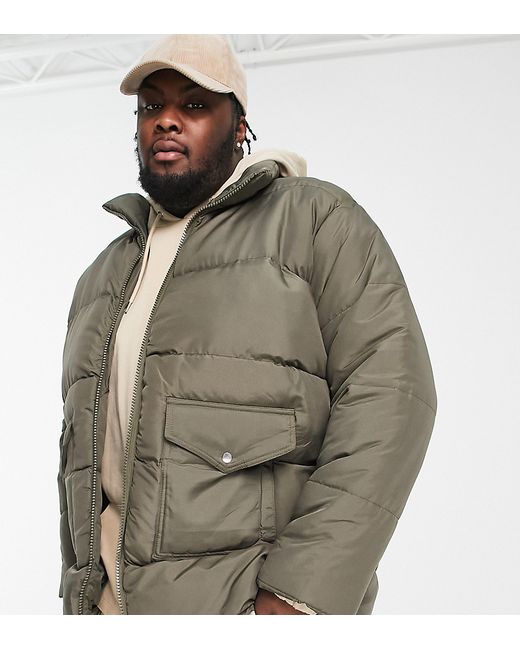 Another Influence Plus utility puffer jacket in khaki-