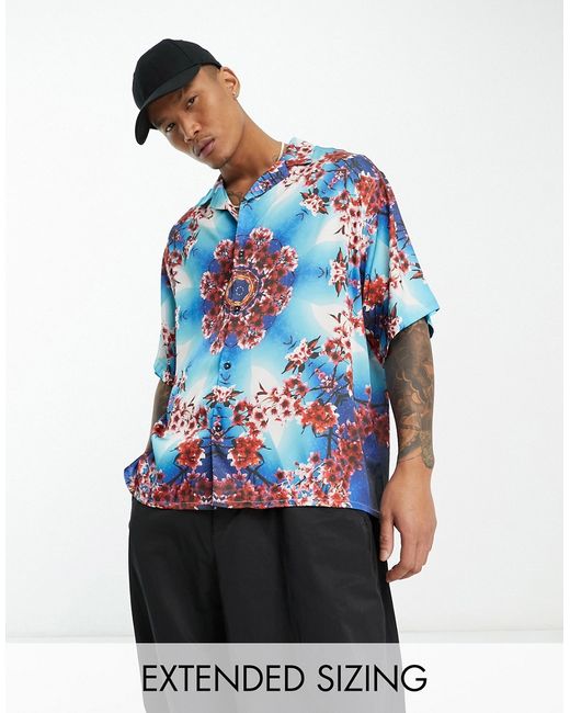 Asos Design boxy oversized revere satin shirt in kaleidoscope floral print-