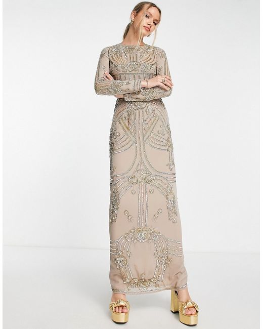 Asos Design double layer embellished maxi dress with floral embellishment in taupe-