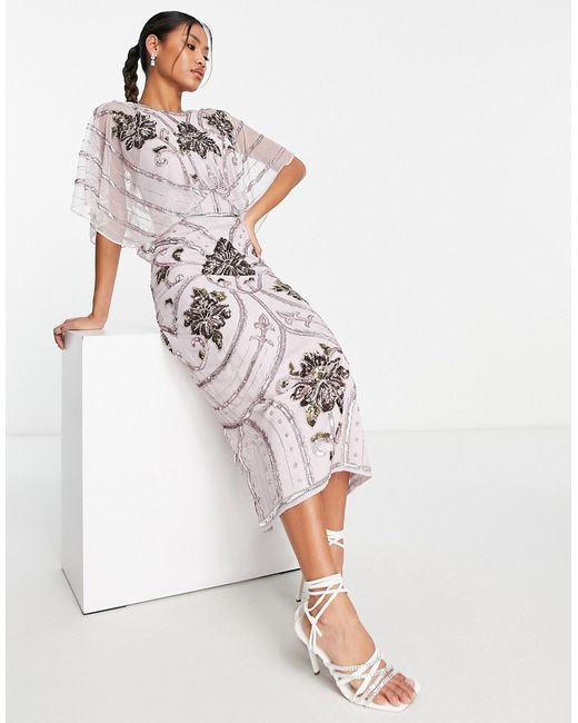 Asos Design Blouson midi dress with art nouveau embellishment in lilac-