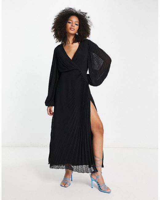 Asos Design pleated wrap button detail maxi dress in