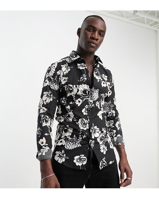 Devils Advocate Tall slim fit long sleeve floral shirt in and white