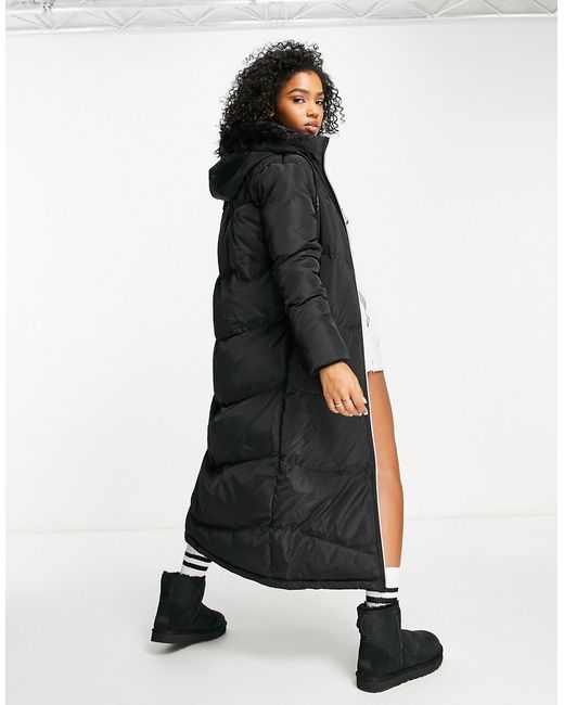 Brave Soul Marcella longline maxi puffer coat with faux fur trim hood in