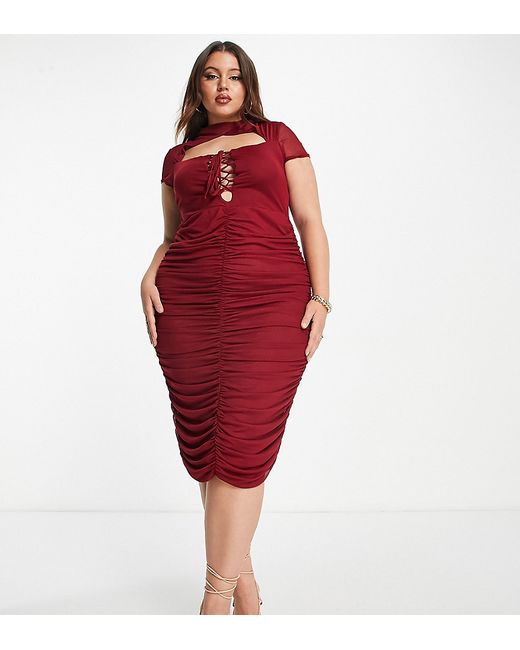 Asos Design Curve cut out lace up ruched mesh midi dress in plum-
