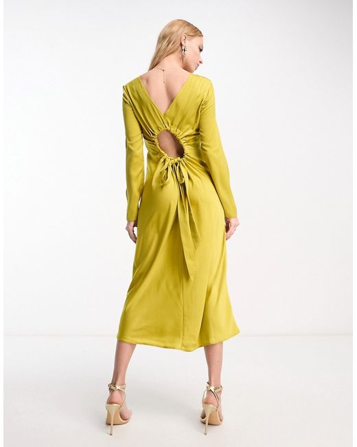 Asos Design satin long sleeve maxi dress with drawstring back in olive-