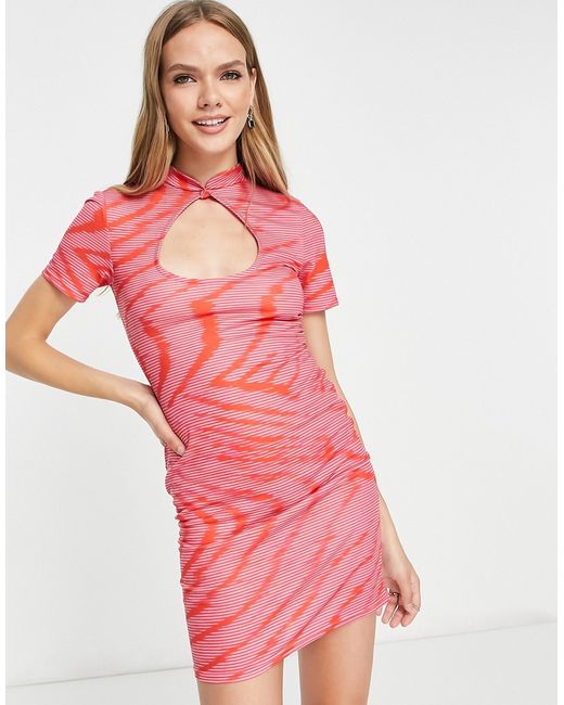 Asos Design mini dress with short sleeves and large keyhole in pink abstract print