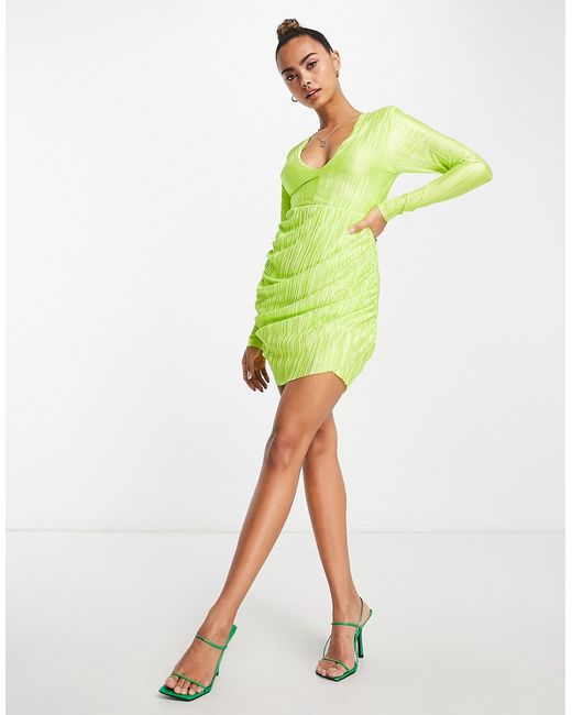 Miss Selfridge plisse dress in lime-