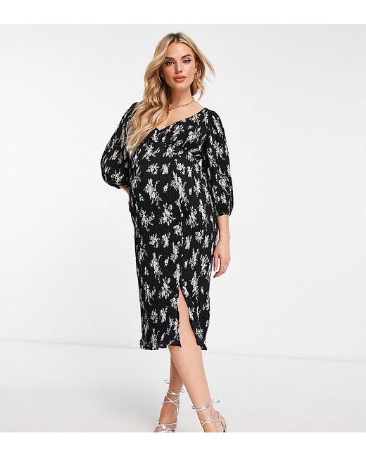 ASOS Maternity DESIGN Maternity plisse midi dress with button detail in black based white floral print-