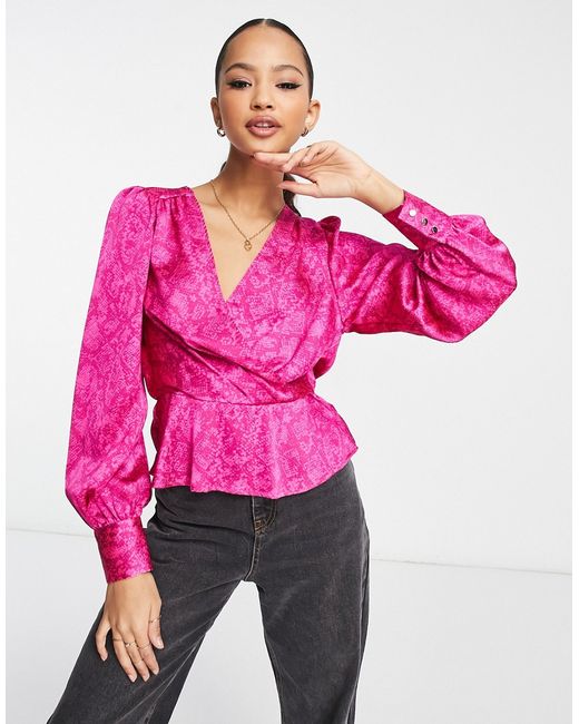 New Look satin wrap blouse with open back in bright pink-