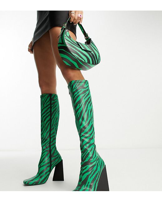 Public Desire x Paris Artiste Exclusive Peggy heeled knee boots in lime zebra print-