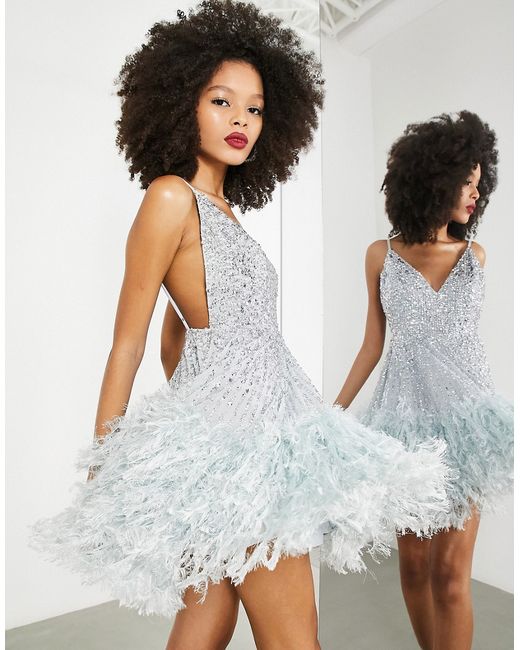 ASOS Edition sequin cami mini dress with feather hem in ice