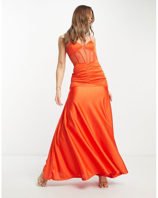 Asos Design cami corset ruched maxi dress in red satin-