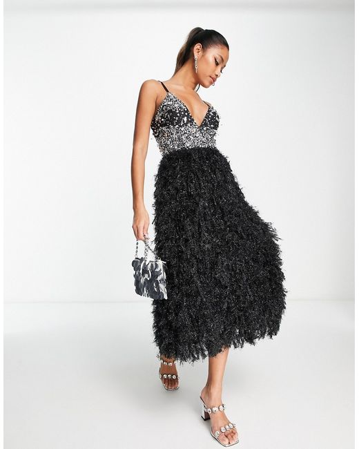 Asos Design embellished sequin plunge neck faux feather midi dress in