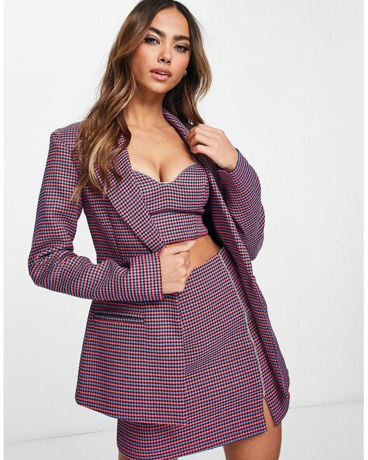 Miss Selfridge dogtooth blazer with cut out diamante heart back in pink and blue check part of a set-