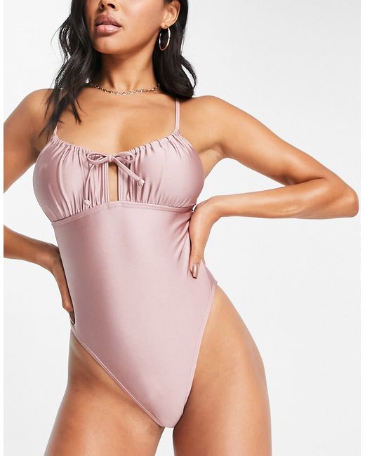 South Beach hi-shine swimsuit with tie front in taupe-