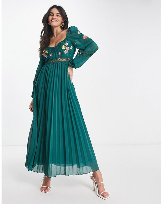 Asos Design embroidered lace insert pleated midi dress with long sleeves in pine