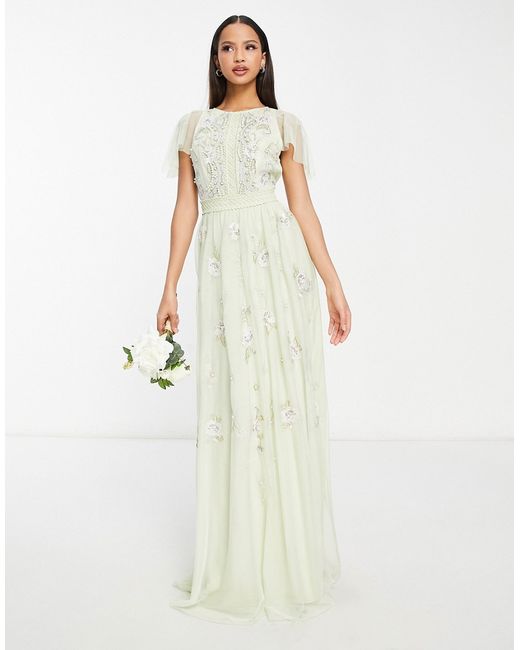 Asos Design Bridesmaid pearl embellished flutter sleeve maxi dress with floral embroidery in sage-