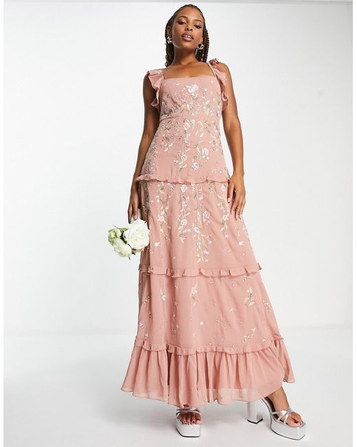 Asos Design Bridesmaid cami embellished maxi dress with embroidery in rose-