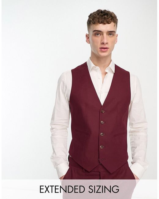 Asos Design skinny linen mix vest in burgundy-
