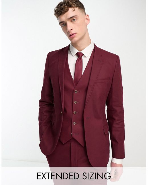 Asos Design super skinny linen mix suit jacket in burgundy-