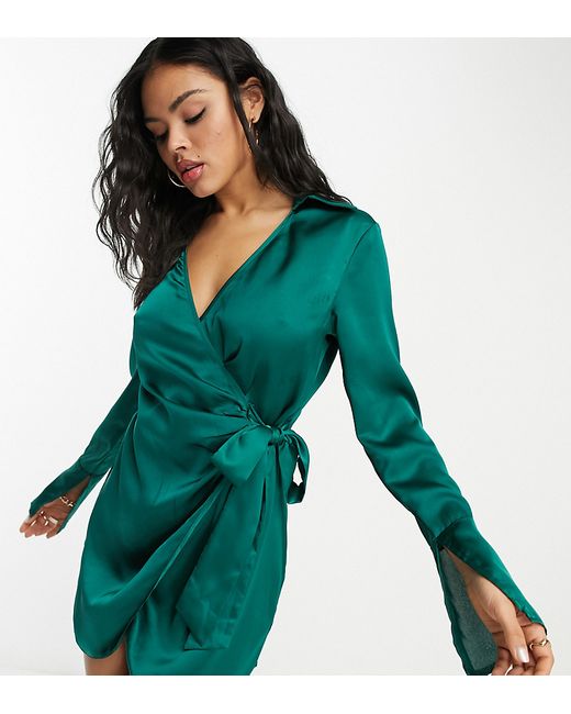 Public Desire x Paris Artiste satin wrap shirt dress with split sleeve detail in emerald