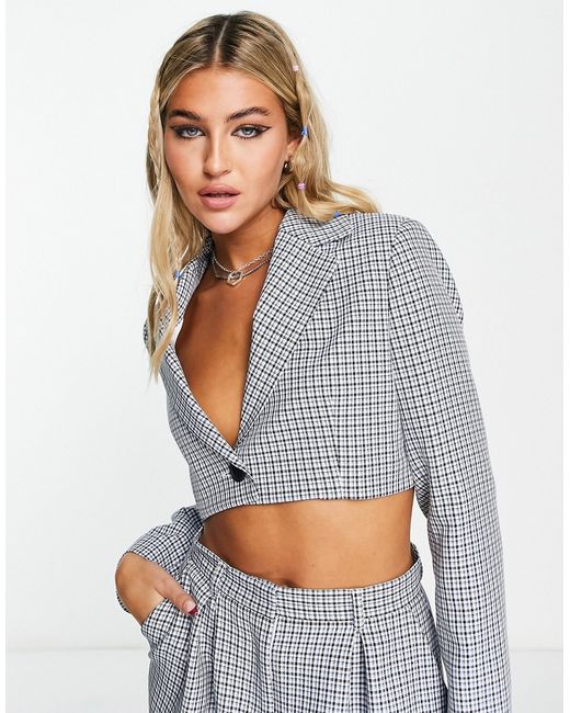Collusion cropped blazer in blue micro plaid part of a set-