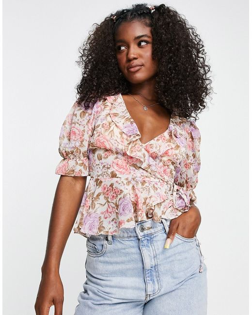 New Look wrap blouse with frill detail in floral
