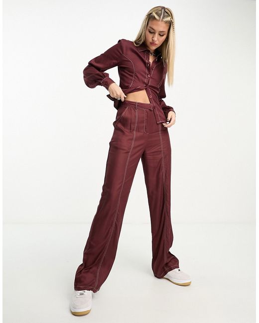 Heartbreak wide leg pants with contrast seams in chocolate part of a set