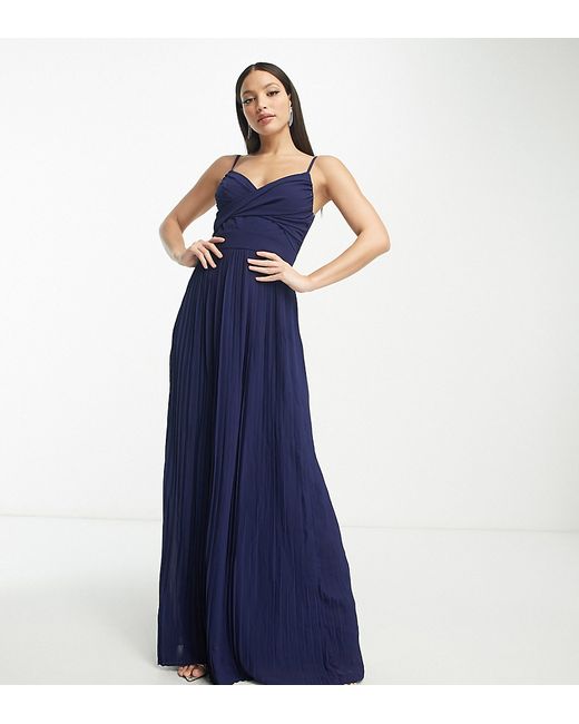 TFNC Tall Bridesmaid pleated wrap front maxi dress in navy-