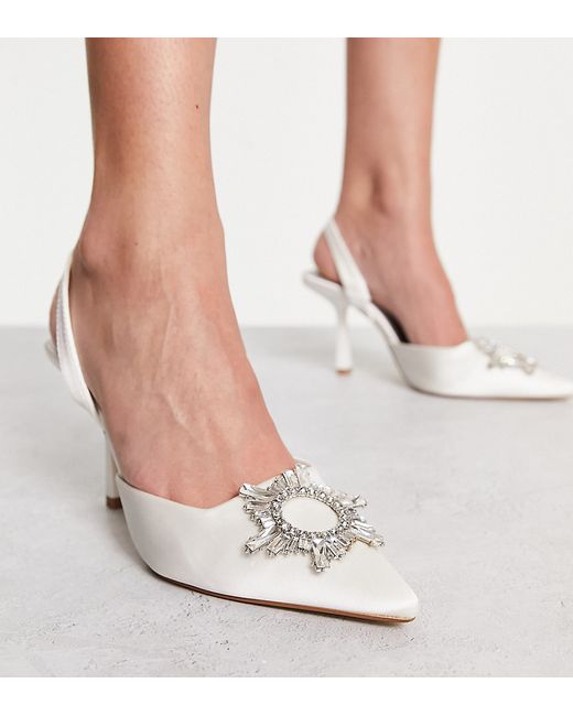 London Rebel Wide Fit embellished sling back bridal heeled shoes in ivory satin-