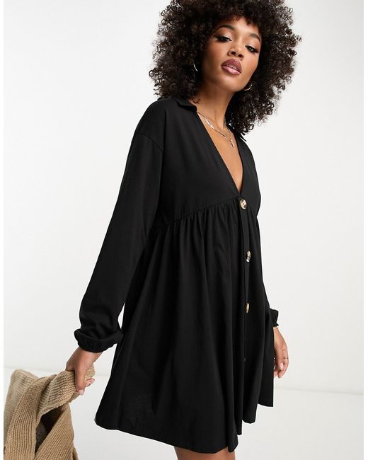 Asos Design long sleeve mini smock dress with buttons in