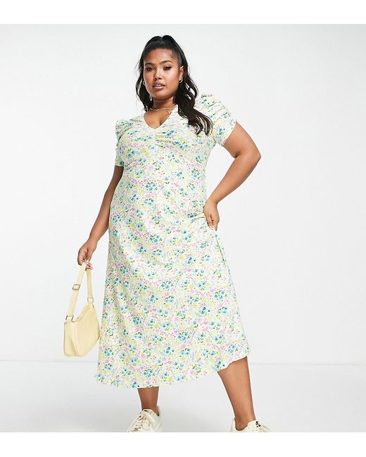 ASOS Curve DESIGN Curve short sleeve midi tea dress with ruched bust in pastel floral-