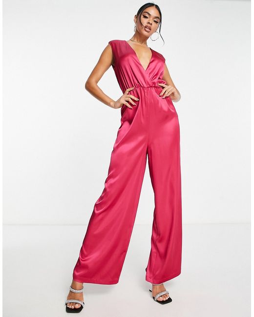 Aria Cove satin extreme plunge front wide leg jumpsuit in