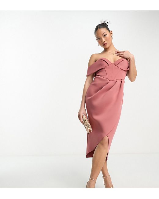 Asos Design Petite off shoulder corset midi wrap skirt dress in rose-