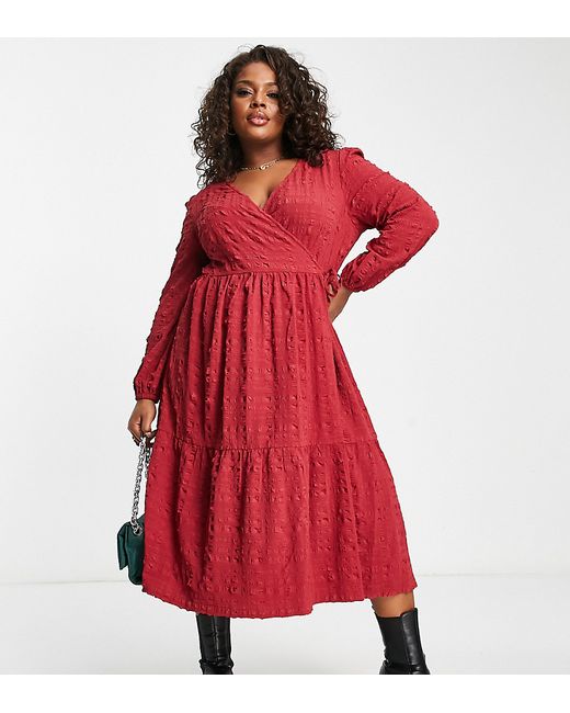 Simply Be textured wrap midi dress in burgundy-