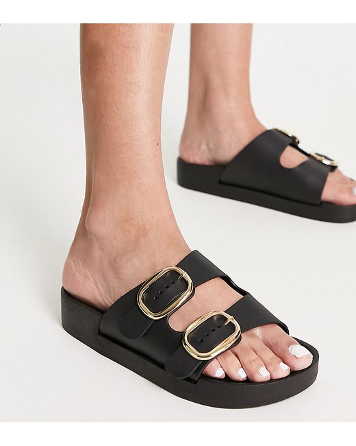 London Rebel Wide Fit double buckle footbed sandals in