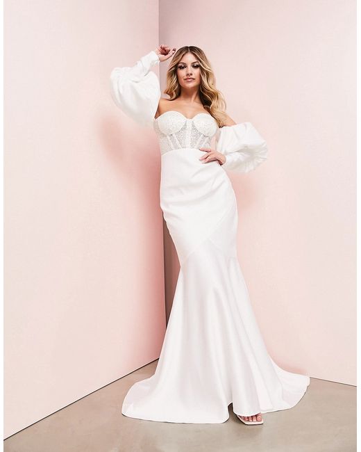 ASOS Luxe Wedding sweetheart dramatic puff sleeve fishtail maxi dress in