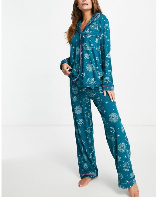 Chelsea Peers horoscope long button up pajama set in